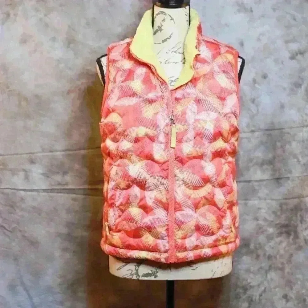 Child's LL Bean Down vest pink/yellow/graphic print size L (14 - 16) - Downtek